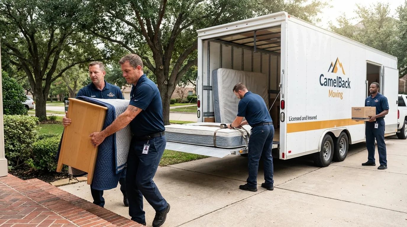 Crew loading residential truck for cross-state move from Camden, AR