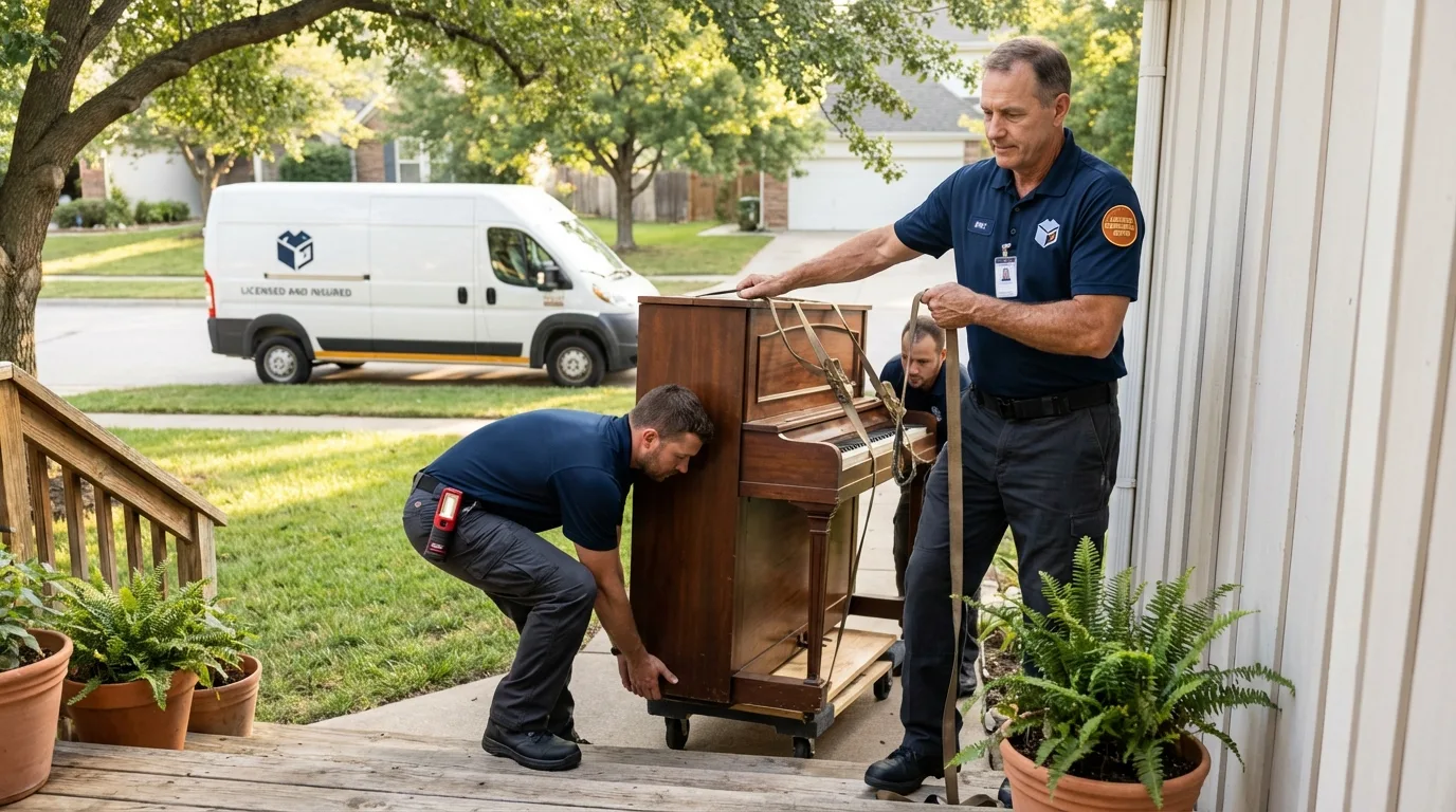 Licensed piano movers securing grand piano in Camden, AR