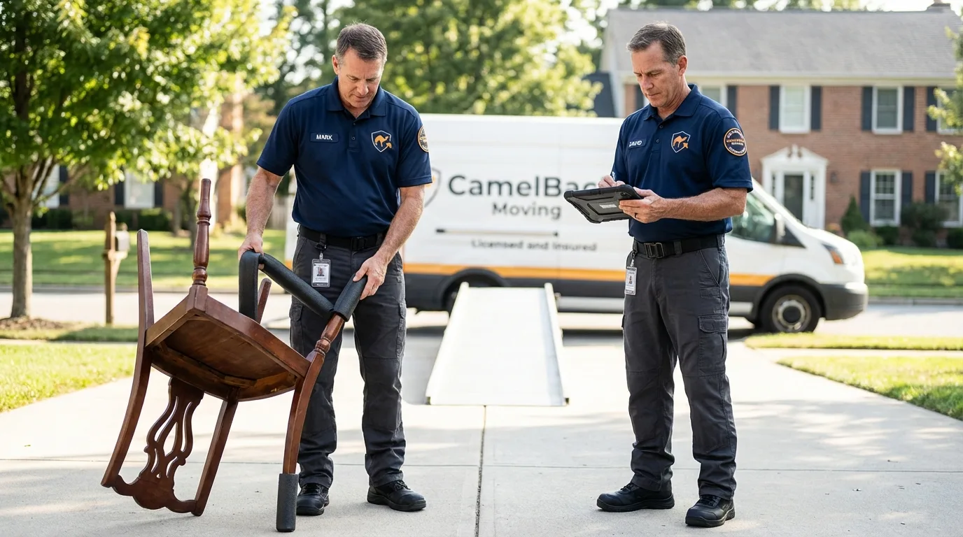 Movers inspecting furniture for damage prevention before loading in Camden, AR