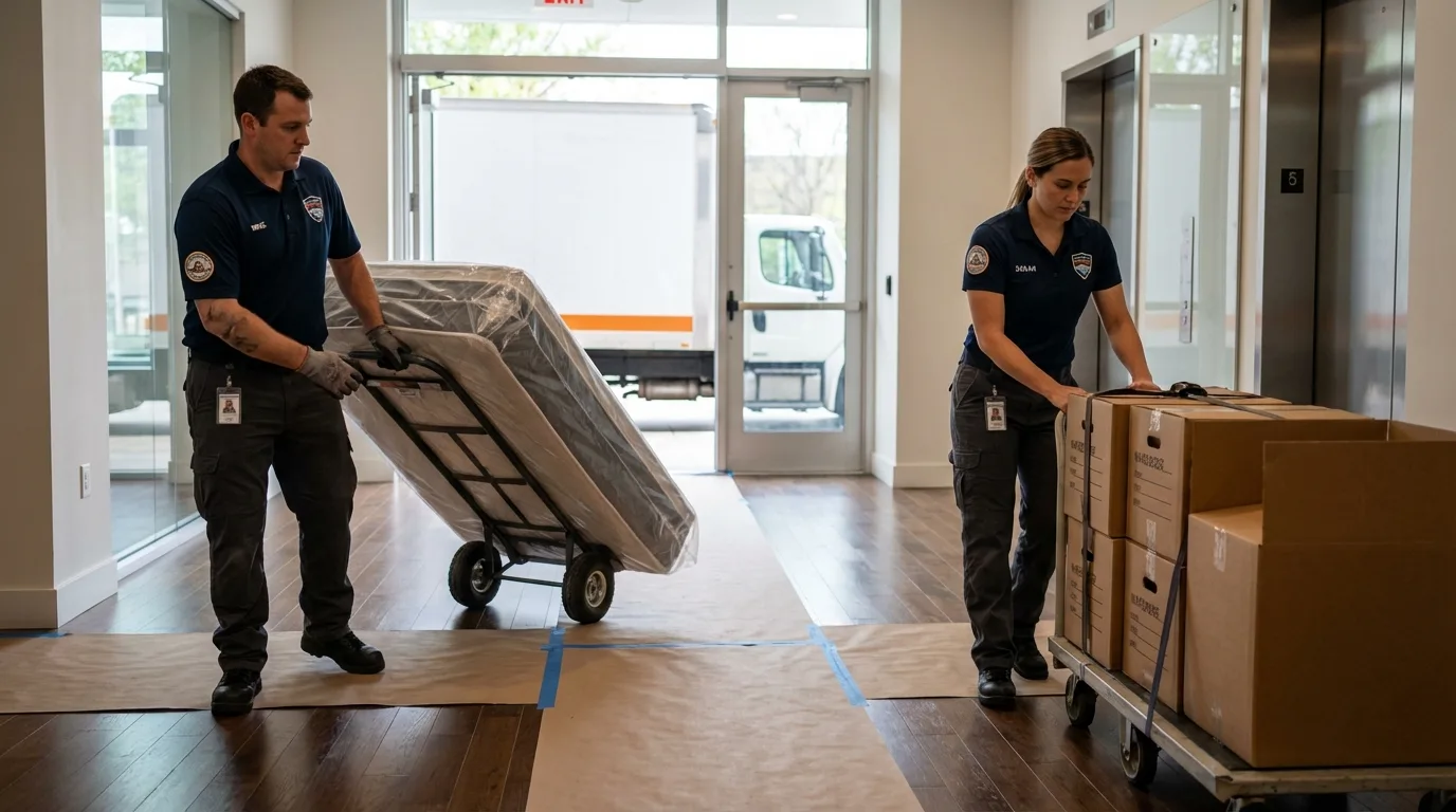 Professional apartment movers loading elevator in Camden, AR