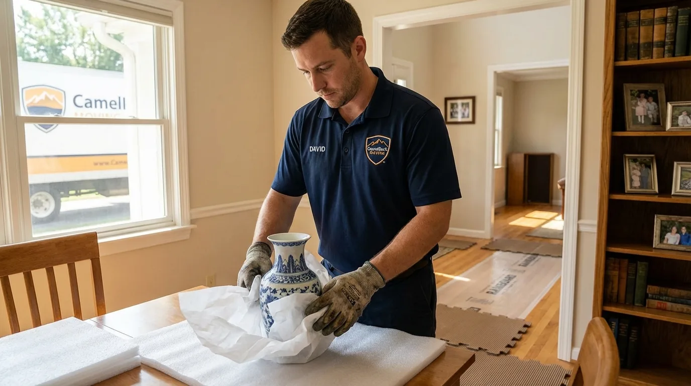 Professional crew carefully wrapping antique vase for senior downsizing move in Camden, AR
